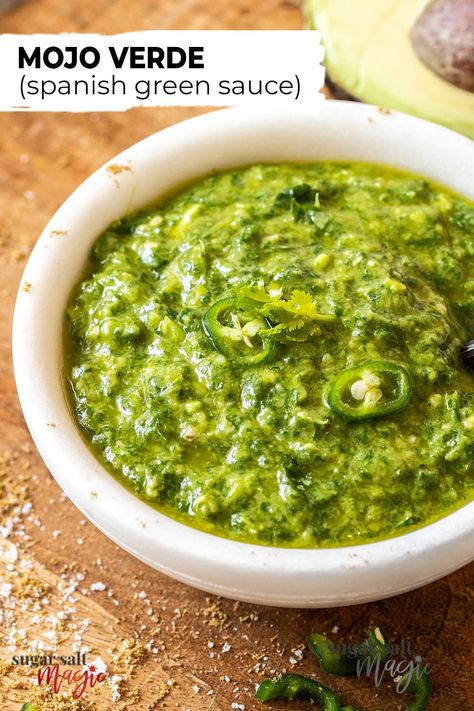 You’re going to want to put this mojo verde (aka Spanish green sauce) on everything, and you just about can. This tangy herb sauce, with a kick of chilli, is fresh and vibrant and perfect on anything from fish and grilled meats to potatoes and tacos. Ahi Verde Sauce, Green Chilli Sauce Recipe, Mojo Verde Sauce, Cuban Green Sauce, Mojo Criollo Recipe, Sauce For Potatoes, Spanish Seasoning, Mexican Green Sauce, Spanish Sauce