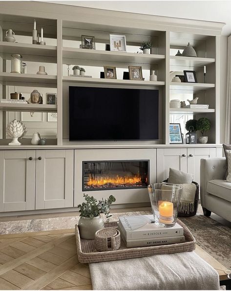 Modern Wall Shelf Design Living Room, Media Center Built In, Country Living Room Media Wall, Country Style Media Wall, Fitted Tv Unit Built Ins, Alcove Tv Unit Built Ins, Built In Tv Wall Unit With Fireplace, Ikea Media Wall, Media Wall With Cupboard And Fire