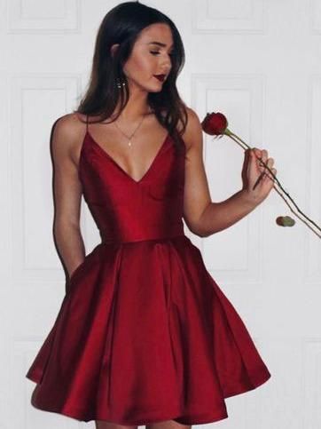 A-line V-neck Spaghetti Strap Burgundy Taffeta Simple Hoco Dresses,Mini Bridesmaid Dresses,apd2544 Burgundy Homecoming Dress, Burgundy Homecoming Dresses, Jacques Fath, Gaun Fashion, Satin Homecoming Dress, Prom Dresses With Pockets, Junior Prom Dresses, V Neck Prom Dresses, Prom Dresses For Teens