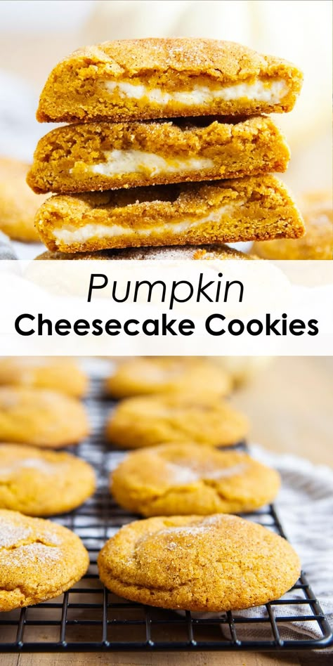 These pumpkin cheesecake cookies are the ultimate fall cookie, they are a chewy pumpkin cookie that is filled with a surprise silky cream cheese filling in the center. They're unlike any pumpkin cookie you've made before, and you'll want to make them again, and again. Pumpkin Cheesecake Thumbprint Cookies, Cream Cheese Filled Pumpkin Cookies, Pumpkin Cheesecake Snickerdoodles, Pumpkin Cheesecake Cookies, Sweet Potato Cookies, Holiday Food Gifts, Cinnamon Cheesecake, Best Pumpkin Recipes, Cookie Balls