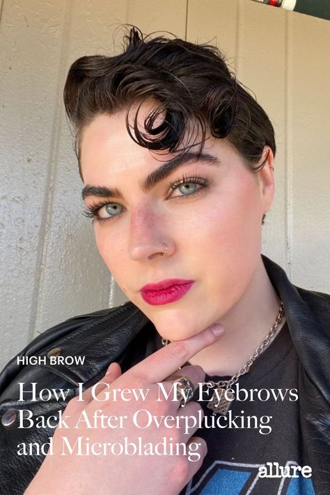 Allure editor Nicola Dall'Asen reveals how she regrew her eyebrows after overplucking them and receiving microblading that won't fade. To regrow eyebrows, she stopped using most eyebrow makeup, tints her eyebrows between professional appointments, and applies rosemary oil daily. Thick Eyebrows Natural, Thicker Eyebrows Makeup, Growing Out Eyebrows, Thick Eyebrow Shapes, Eyebrow Oil, Regrow Eyebrows, Grow Eyebrows Thicker, Thicker Stronger Hair, Bold Eyebrows