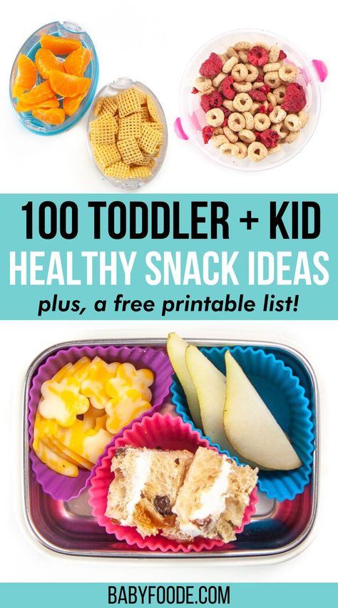 The ultimate list of healthy and easy snacks that your kids will love. Includes fresh, homemade and store-bought items. Plus, a FREE printable list, so you can have quick access when your kiddos get hangry! 100 Toddler + Kid Snack Ideas that will help you keep snack time fun and fresh! Kid Snack Ideas, Kids Snack Ideas, Healthy Store Bought Snacks, Easy Toddler Snacks, Snack Ideas For Kids, Toddler Healthy Snacks, Easy Toddler Meals, Easy Snacks For Kids, Healthy Toddler Snacks