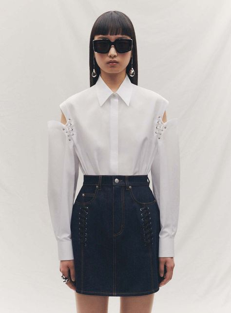 MY THERESA: ALEXANDER MCQUEEN Cutout cotton poplin shirt & Laced Denim Skirt… Alexander Mcqueen Shirt, Cotton Poplin Shirt, Poplin Shirt, Cotton Poplin, Denim Skirt, Alexander Mcqueen, Alexander, Skirt