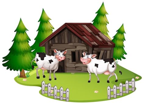 Free vector cows at old wooden house | Free Vector #Freepik #freevector #house-clipart #tree-clipart #cartoon-tree #nature-drawing Wooden House Illustration, Shed Drawing, Cows Illustration, Cartoon Cows, Old Wooden House, Illustration House, House Outline, Building Vector, Real Estate Icons