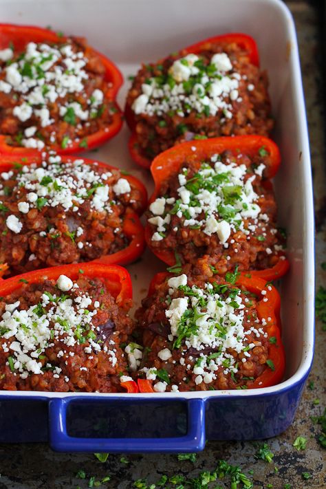 You just can't beat a healthy meal of stuffed peppers, especially when they're filled with classic Greek flavors! Weight Watchers Stuffed Peppers, Stuffed Veggies, Greek Stuffed Peppers, Feta Cheese Recipes, Stuffed Peppers Healthy, Paleo Soup, Feta Recipes, Greek Dishes, Cheese Recipe