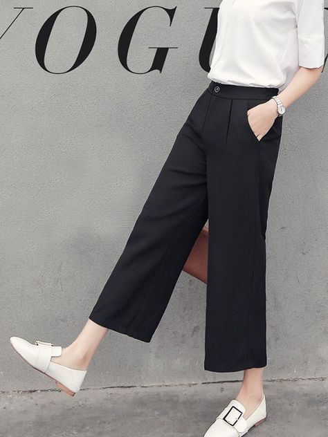 7d6044e95a16761171b130dcb476a43edesc34990609ri Wide Legged Pants, Black Pants Casual, Black Women Fashion, Pants Casual, Pantalon Large, Ankle Length Pants, Casual Black, 가을 패션, Work Casual