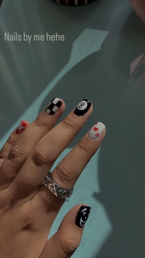 Black And White Nail Designs Men, Mens Mail Art, Red Black And White Nail Art, Short Nails Checkered, Black Nail Designs For Men, Black Gel Manicure Designs, Manly Nails Design, Short Red Gel Nails Ideas, Nails For Tomboys