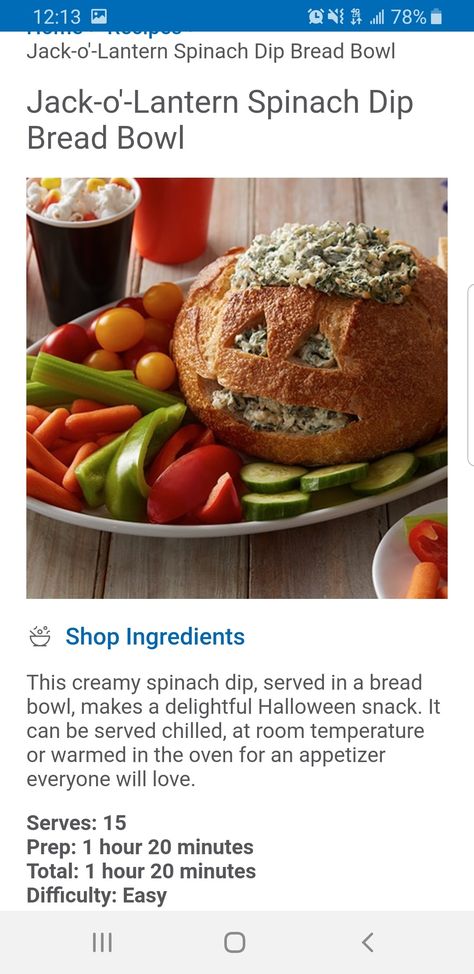 Dip Bread Bowl, Spinach Dip Bread, Spinach Dip Bread Bowl, Creamy Spinach Dip, Bread Bowl, Spinach Dip, Bread Bowls, Halloween Snacks, Halloween Recipes