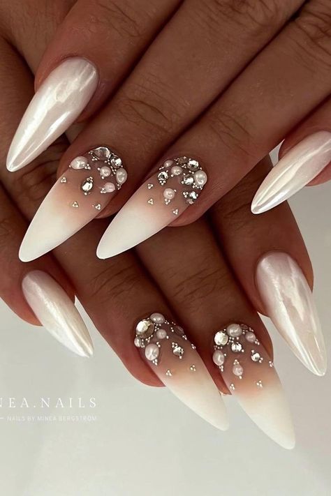 Get Ready to Sparkle with Stunning Glossy White Ombre Stiletto Nails! 💅 Click here to discover more dazzling nail ideas enhanced with sparkling rhinestones and chic designs. ✨ // Photo Credit: Instagram @minea.nails Bridal Nails Designs, Honey Cream, Baby Blue Nails, Milky Nails, Most Beautiful Wedding, Blue Nail Art, Nails Design With Rhinestones, Classic Nails, Pearl Nails