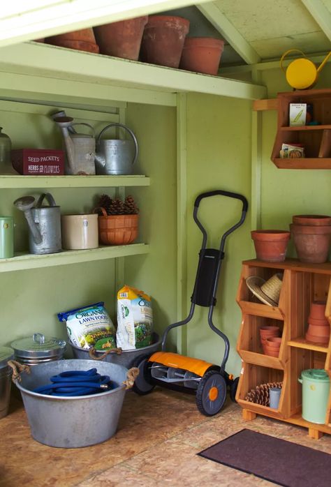 25 Shed Shelving Ideas to Finally Get Organized Shed Shelving Ideas, Shed Storage Shelves, Window Sill Shelf, Hose Box, Shed Shelving, Garden Hose Storage, Steel Workbench, Painted Bookshelves, Ceiling Shelves