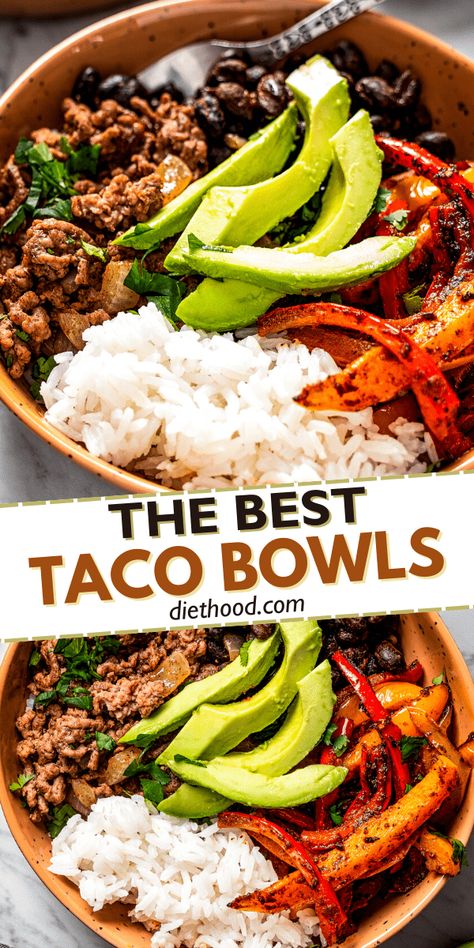 These quick and easy taco bowls are chock-full of perfectly seasoned ground beef, veggies, and beans served over rice and topped with avocado and fresh cilantro. They are the perfect all-in-one meal. Homemade Salad Dressing Healthy, Seasoned Ground Beef, Healthy Ground Beef, Healthy Bowls Recipes, Ground Beef Recipes Healthy, Rice Bowls Recipes, Taco Bowls, Healthy Tacos, Healthy Bowls