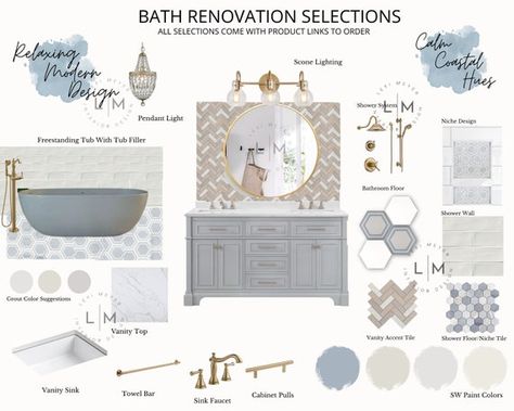 Interior Design E-design Bathroom Mood-boardtile Design | Etsy Bathroom Moodboard, Restauration Hardware, Virtual Room, Mood Board Interior, Bath Renovation, Coastal Bathrooms, Bathroom Tile Designs, Spa Design, Renovation Design