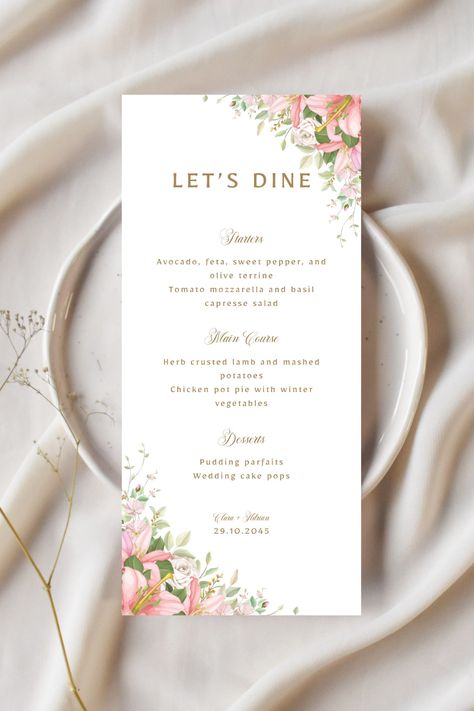 Wedding Menu Template, Editable Menu Card, Floral Wedding Dinner, Lillies Wedding Menu Canva Template, printable Menu, Clara  #menutemplate #weddingmenu #printablemenu #editablemenu #weddingdinner #partymenutemplate #canvatemplate #printablemenucard #lilliesmenu Party Menu Card, Printable Menu, Wedding Printable, Wedding Menu Template, Wedding Menu Cards, Menu Card, Party Menu, Wedding Dinner, Menu Template