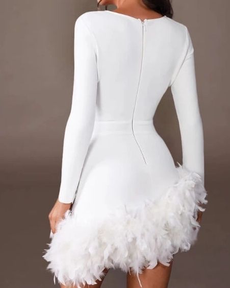 Embracing the night with a touch of feather glam. ✨ #FashionGoals #WhiteHot Club Party Dress, Long Sleeve Bandage Dress, Feather Skirt, Club Party Dresses, Party Kleidung, Feather Trim, Evening Dresses Elegant, Black Feathers, Club Dresses