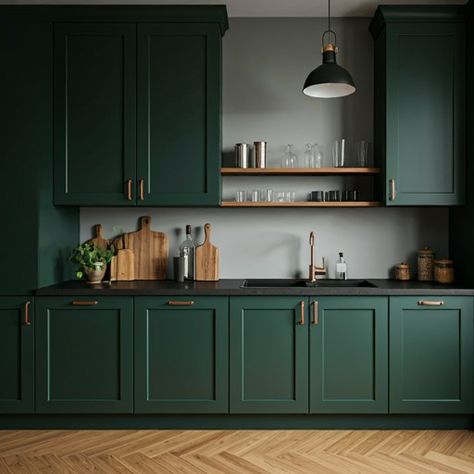 Dark Emerald Kitchen Cabinets, Emerald Green Cupboards, Royal Green Kitchen, Dark Emerald Cabinets, Dark Green And Marble Kitchen, Jade Paint, Green Kitchen, Paint Colors, Bedroom