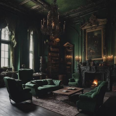 A dark emerald green library in a gothic aesthetic with a warm inviting glow from the black marbled fire place, with a large ornate golden framed portrait illuminated by dimly lit candles. There are dark wooden bookcases nestled into the corner filled books ready to be read whilst slumbering in a green tufted velvet chair with large winged backs and curled arm rests. The room is accented with dark wooden floors, long drawn drapes, rustic carved furniture, with an overcast rainy view. Green Library Room, Emerald Green Rooms, Dark Academia Living Room, Dark Academia Interior, Dark Green Rooms, Gothic Living Room, Dark Green Living Room, Green Library, Victorian Room