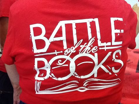 Battle of the Books T-shirts, my neighbor does screen printing and he designed this logo for our school. Battle Of The Books Shirts Ideas, Reading Contest, Battle Of The Books, Doctor Suess Birthday, Bob Ideas, Library School, Accelerated Reader, Books Design, Books Ideas