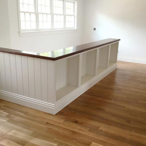 Second floor railing on ✔  . Shelves ready to go in bookcase ✔  . Railings Inside House, Upstairs Banister Ideas, Bookcase Stair Railing, Banister Bookcase, Landing Railing Ideas, Bookcase Banister, Landing Railing, Upstairs Railing, Second Floor Kitchen