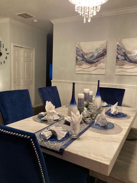 Royal Blue Dining Room Decor, Blue And Silver Kitchen Decor, Blue And Gray Kitchen Decor Ideas, Royal Blue House Decor, Royal Blue Kitchen Decor Ideas, Blue Kitchen Ideas Decor, Silver Kitchen Decor, Royal Blue Living Room Decor, Royal Blue Home Decor