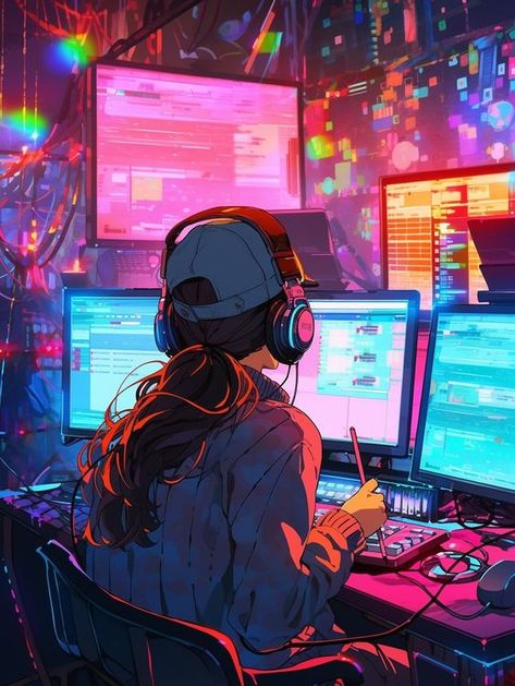 Cyberpunk Aesthetic, Cyberpunk Art, Digital Art Anime, Anime Scenery Wallpaper, Digital Art Girl, Girly Art, الرسومات اللطيفة, Computer Desk, Anime Artwork