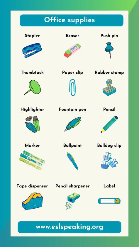 Check out this list of office supplies in English. Have some fun learning the names of office stationery. #learnenglish #learningenglish #esl #tefl #english #vocab #vocabulary #englishvocab #englishvocabulary Office Supplies List, Esl Learning, Workplace Culture, Confusing Words, English Vocab, Learn English Vocabulary, Office Stationery, Stationery Items, Teaching Tips