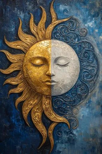 ↑↑↑ Larger size on website 🔸 The painting depicts a stylized sun and moon, painted in a textured style. The sun is golden and has Sun Face Art, Sun Mural, Sun And Moon Painting, Stylized Sun, Sun And Moon Art, Paintings Diy, Face The Sun, Blue Patterns, Visual Board