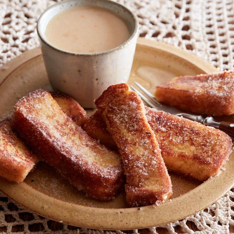 Churros French Toast with White Chocolate-Orange Ganache by Bobby Flay Bobby Flay Brunch, Cinnamon Custard, Chocolate Orange Ganache, Brunch French Toast, French Food Recipes, Bobby Flay Recipes, Churros Recipe, Best French Toast, French Toast Sticks