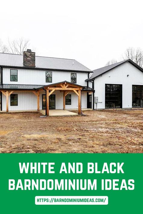 This 80×40 black and white Oklahoma Barndominium is half shop and half home. Though this build isn't for everyone, it is perfect for the Oaks family. White And Black Barndominium, White And Black House Exterior, Black Barndominium Ideas, Metal Building House Plans, Black Barndominium, Steel Building Homes, Barn Homes Floor Plans, Black Roof, Barn House Design