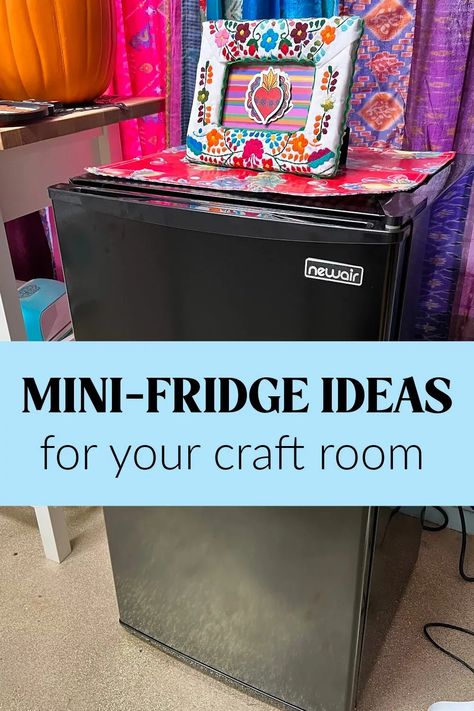 Mini-fridge ideas for your craft room Painting Mini Fridge Diy, Diy Mini Fridge Makeover, Dorm Room Ideas Organization Mini Fridge, Stocked Mini Fridge Snacks, Creative Ways To Hide Mini Fridge, Mini Fridge Decoration Ideas, Bedroom With Mini Fridge, Fridge Decoration Ideas Diy, Mini Fridge Organization Ideas