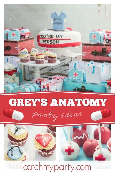 Check out this cool Grey's Anatomy themed birthday party! The cupcakes are awesome! https://buff.ly/2qJc0cW #catchmyparty #partyideas #girlbirthdayparty #greysanatomyparty Greys Anatomy Themed Party, Greys Anatomy Party Ideas, Greys Anatomy Birthday Party Ideas, Greys Anatomy Party, Party Food For Adults, Medical Party, Doctor Birthday, Np School, Girls Birthday Party Themes