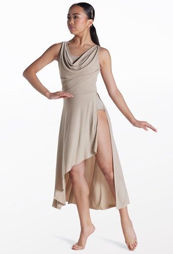 Elegant Cowl Neck Dance Dress | Weissman® Contemporary Dance Costumes Solo Pants, Contemporary Costume Ideas, White Contemporary Costume, Elegant Dance Costumes, Dance Costumes Lyrical Contemporary, Contemporary Ballet Costumes, Lyrical Costumes Solo, Dance Duet Costumes, Contemporary Outfits Dance