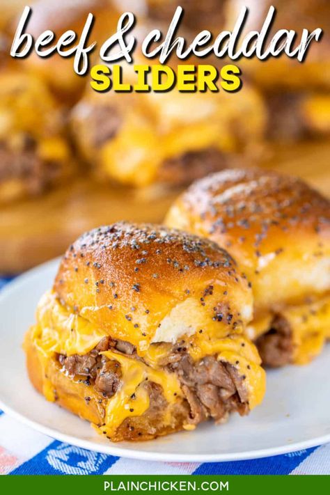 Beef & Cheddar Sliders - Plain Chicken Beef And Cheddar Sliders, Bbq Roast Beef, Beef And Cheddar, Roast Beef And Cheddar, Sliders Recipes Hawaiian Rolls, Easy Slider Recipes, Roast Beef Sliders, Football Friday, Bbq Roast