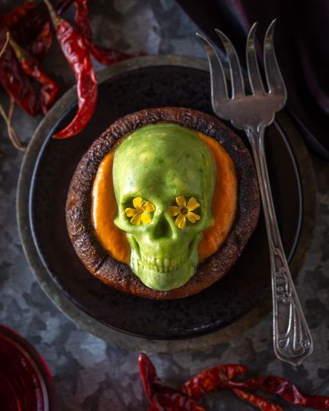 Print Recipe 5 from 1 vote Pin Recipe Skull Halloween Fine Dining, Gothic Food, Stuffed Portobellos, Spooky Dinner, Halloween Deserts, Halloween Party Drinks, Halloween Breakfast, Halloween Food Appetizers, Chile Sauce