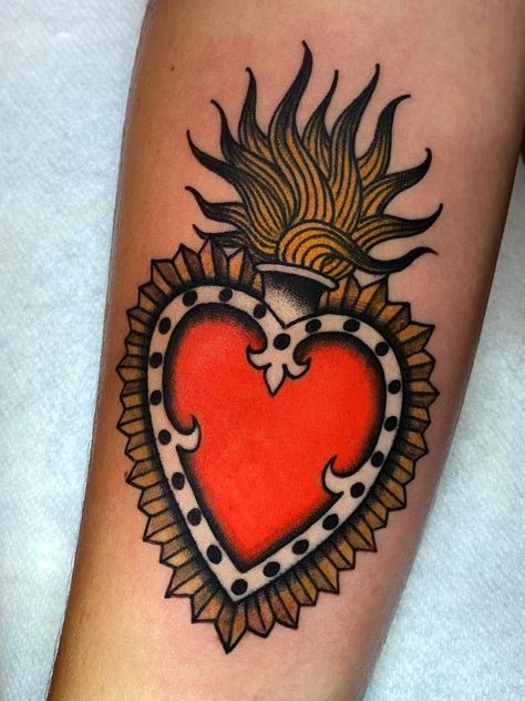 Tattoo uploaded by Tattoodo | sacred heart tattoo by jonnys hand #johnnyshand #sacredheart #fire #traditional | 1489134 | Tattoodo Traditional Heart Tattoos, Tato Tradisional, Sacred Heart Tattoos, Traditional Tattoo Flowers, Explore Tattoo, Omerta Tattoo, Fire Tattoo, Old School Tattoo Designs, Heart Tattoo Designs