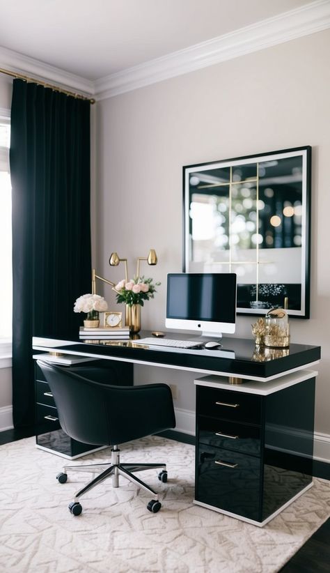 A feminine home office black and white design exudes sophistication with sleek black furniture and stylish decor. Incorporate modern chic home office elements like bold patterns and elegant desk accessories for a stunning, cohesive workspace. This look blends functionality with feminine charm. Female Ceo Office Design, Black Office Desk Decor, Home Office Ideas Black Desk, Home Office Black And White, White Home Office Ideas, Pink And White Decor, Office Black And White, Ceo Office Design, Black And White Home Office