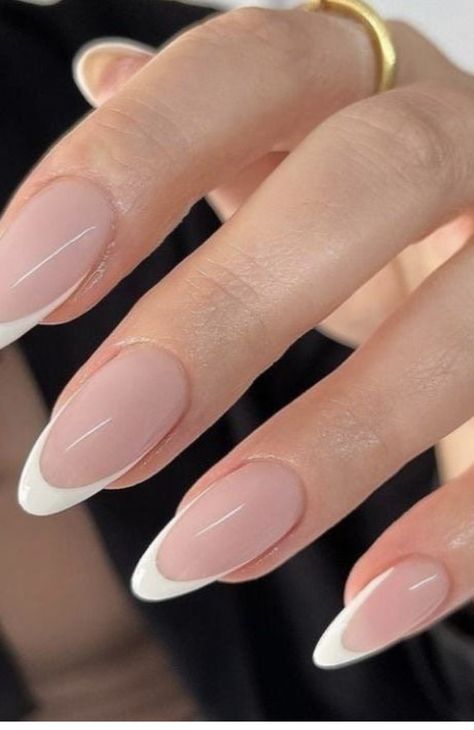 Cute Almond Nails, White French Nails, Almond Nails French, White Tip Nails, French Tip Acrylic Nails, Her Nails, Almond Acrylic Nails, White Nail Designs, Round Nails