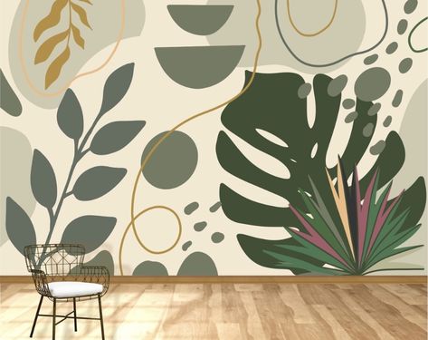 Simple Green Wall Mural, Mural Plants, Plant Mural, Bathroom Mural, Wall Murals Diy, Interior Murals, Living Room Murals, Creative Wall Painting, Drawing Room Decor