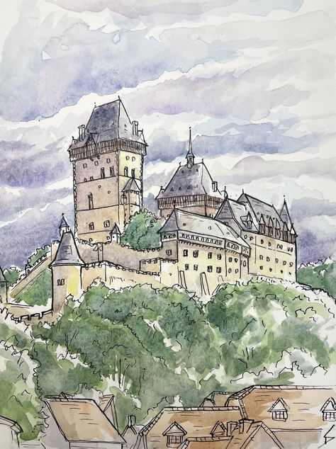 Watercolour Castle Painting, Watercolor Castle Painting, Castles Paintings, Castle Aesthetic Drawing, Building Watercolor Painting, Castle Drawing Easy, Karlstejn Castle, Castle Paintings, Castle Drawings