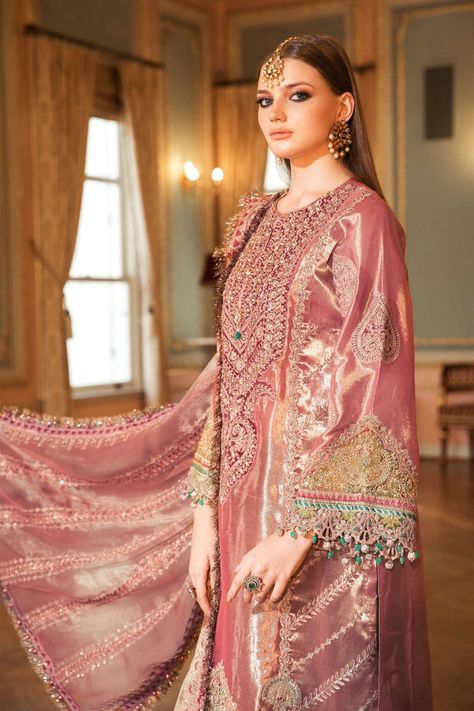 Maria B Embroidered Formal Winter Dresses Collection 2020-2021 Punjabi Suit Salwar, Latest Punjabi Suits, Salmon Pink Color, Suit Salwar, Raw Silk Fabric, Winter Formal Dresses, Salwar Dress, Dress Salwar Kameez, Hijab Styles