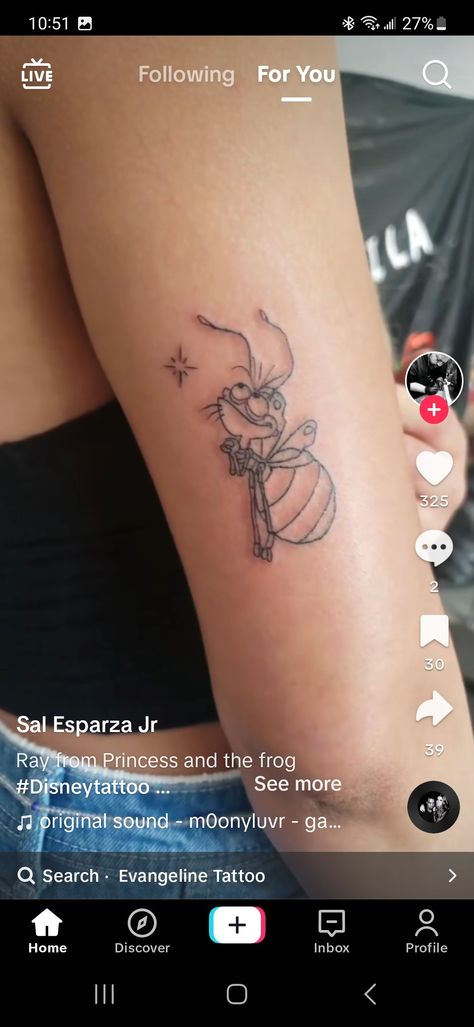 Disney Ocean Tattoos, Ray Firefly Tattoo, Raymond Tattoo Princess And The Frog, Tiana Crown Tattoo, Small Princess And The Frog Tattoos, Princess And The Frog Inspired Tattoo, Princes And The Frog Tattoos, Evangeline Tattoo Princess And The Frog, Tiana And Lottie Tattoo