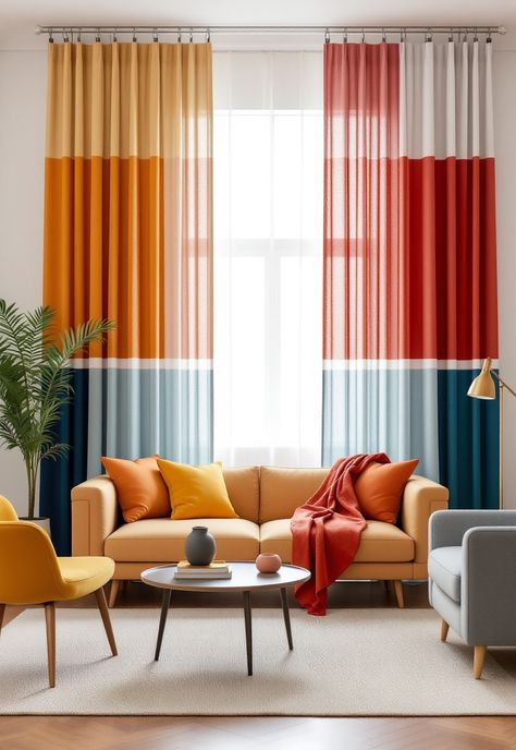 Boho Window Treatments Colourful Curtains, Boho Window Treatments, Color Block Drapes, Eclectic Curtains, Colorful Eclectic Living Room, Lace Window Treatments, Woven Blinds, Bright Curtains, Eclectic Fabric