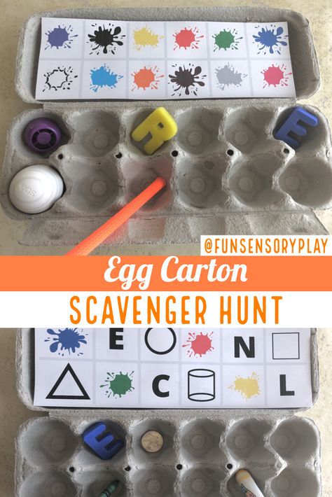 Egg Carton Scavenger Hunt, Egg Carton Preschool Activities, Egg Carton Games, Egg Carton Activities, Sensory Scavenger Hunt, Daycare Lesson Plans, House Outside, Sensory Games, Easy Toddler Activities