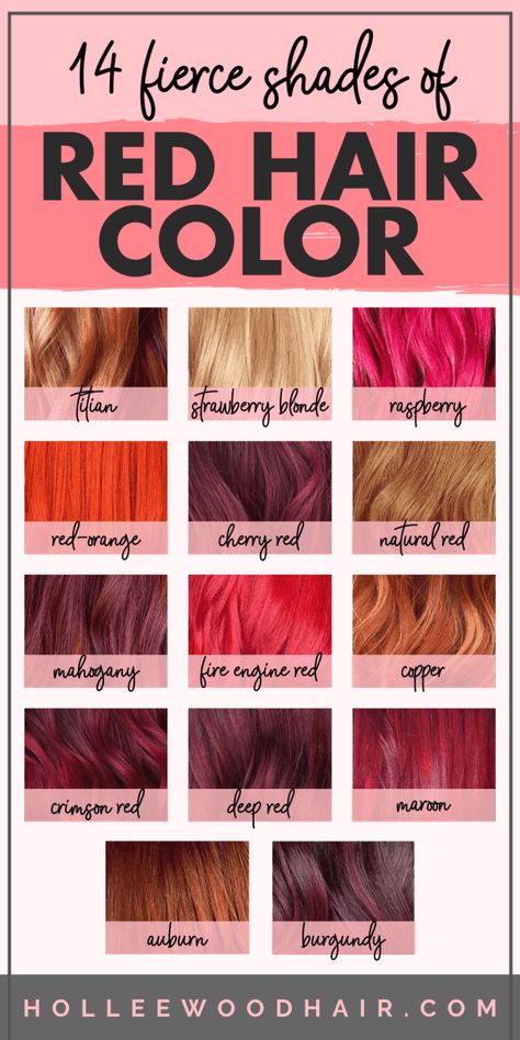 Different Shades Of Red Hair, Shades Of Red Hair Color, Red Hair Color Chart, Beautiful Red Hair Color, Auburn Hair Dye, Hair Color Names, Red Hair Color Shades, Cherry Red Hair, Shades Of Red Hair