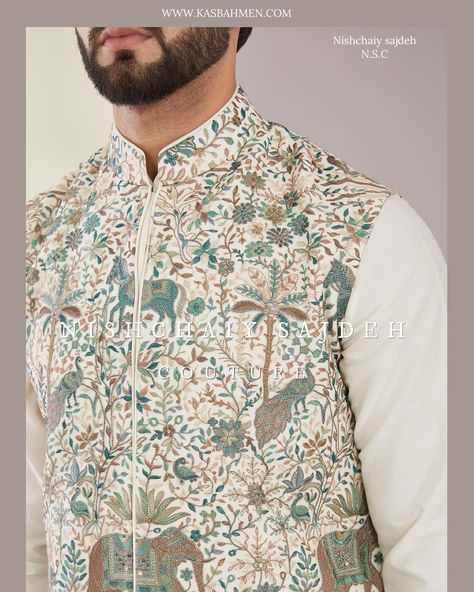 Our exclusive embroidered short nehru jackets and long open shrugs with intricate floral thread work and sequins. Shop now at www.kasbahmen.com Nehru Jacket For Men, Mens Kurta Designs, Mens Kurta, Nehru Jacket, Nehru Jackets, Embroidered Shorts, Kurta Designs, Thread Work, Mens Jackets