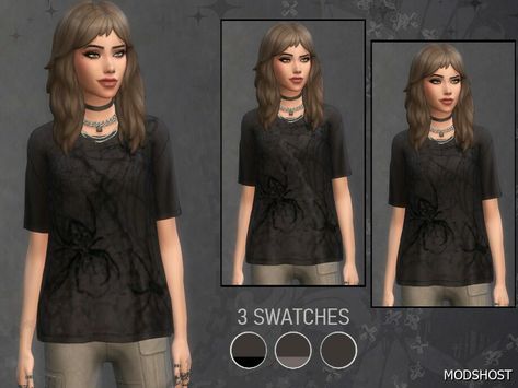 Download Grunge Spiders T-Shirt for Female for Sims 4 at ModsHost NOW! Washed grunge-styled T-shirt with spider theme. 3 recolors; with black chains, gray chains, and no chains. Include custom colors in CAS and custom thumbnails for all swatches. Shirt is not allowed for random. Mesh is taken from Grunge Revival EA kit, and a little bit modified. Type: Tops Recoloring Allowed: Yes #clothing #mods #gaming #sims #elder #everyday Sims 4 Cc Clothes Female Baggy Shirt, Sims 4 Cc Nirvana Shirt, Sims 4 Shirts Female, Sims 3 Grunge Cc, Sims Cc Band Tees, Baggy Shirt, Carrie Dress, Short Heel Boots, Grunge Shirt