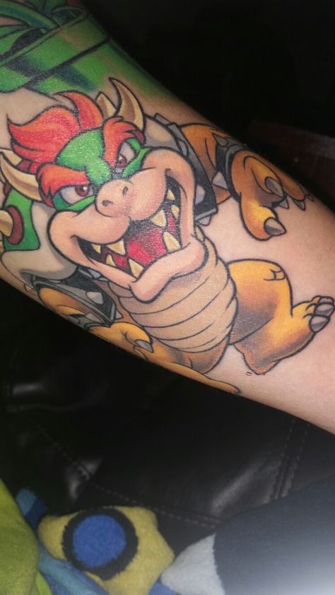 Bowser Tattoo Design, Bowser Jr Tattoo, Bowser Tattoo Ideas, Bowser Tattoo, Mario Tattoo, Superhero Coloring Pages, Superhero Coloring, Fire Flower, Body Tattoos