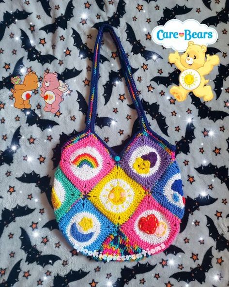 Care Bear Crochet Pattern Free, Adventure Time Granny Square, Crochet Carebears, Crochet Care Bear Pattern Free, Carebear Crochet Pattern, Lisa Frank Crochet, Kidcore Crochet, Kidcore Diy, Care Bears Crochet