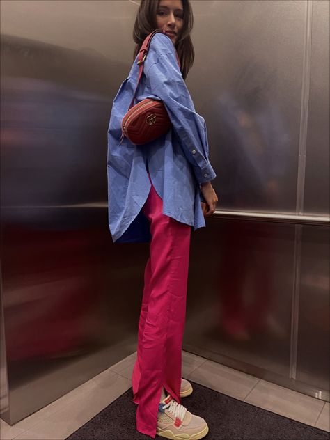 Zara pants and shirt, streetwear, date night outfit, outfit of the day, Gucci purse, pink pants, blue button down, Jordan 4s, spring style, fashion, outfit inspo, bright colors, effortless, warm tones, minimalist Fuschia Bag Outfit, Pink Silk Pants Outfit, Fuschia Pants Outfit, Pink Linen Pants Outfit, Union 4s, Pink Silk Pants, Silk Pants Outfit, Zara Silk Dress, Pink Linen Pants