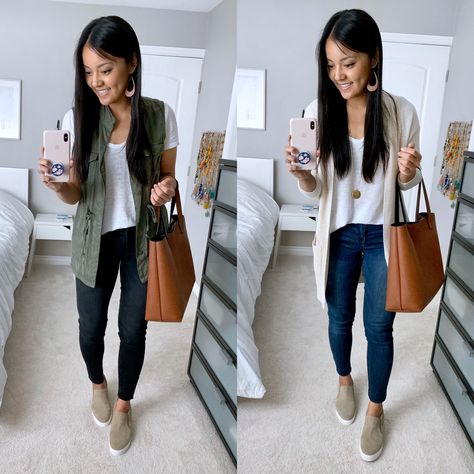 Casual Spring Outfits with Taupe Slip-on Sneakers Business Casual Sneakers, Sneakers Outfit Spring, Wedge Sneakers Outfit, Sneakers Outfit Work, Outfits With Sneakers, Sneakers Outfit Casual, Sneaker Outfits Women, Sneaker Outfits, Everyday Casual Outfits