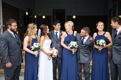 Wedding Party in Navy and Charcoal Gray Navy Bridal Parties, Gray Wedding Party, Bridal Colors, Charcoal Wedding, Groomsmen Grey, Navy Blue Bridesmaids, Wedding Parties Colors, Bridesmaids Groomsmen, Wedding Party Outfits